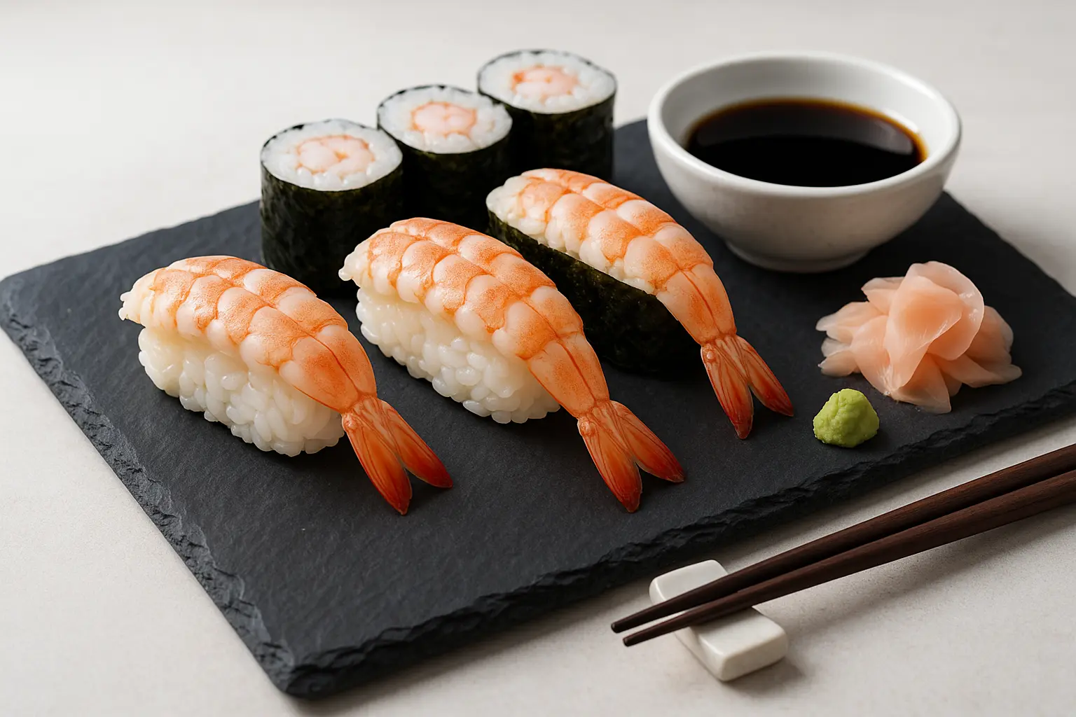 ardoise avec des crevettes sushis et des makis accompagnés d'une sauce soja