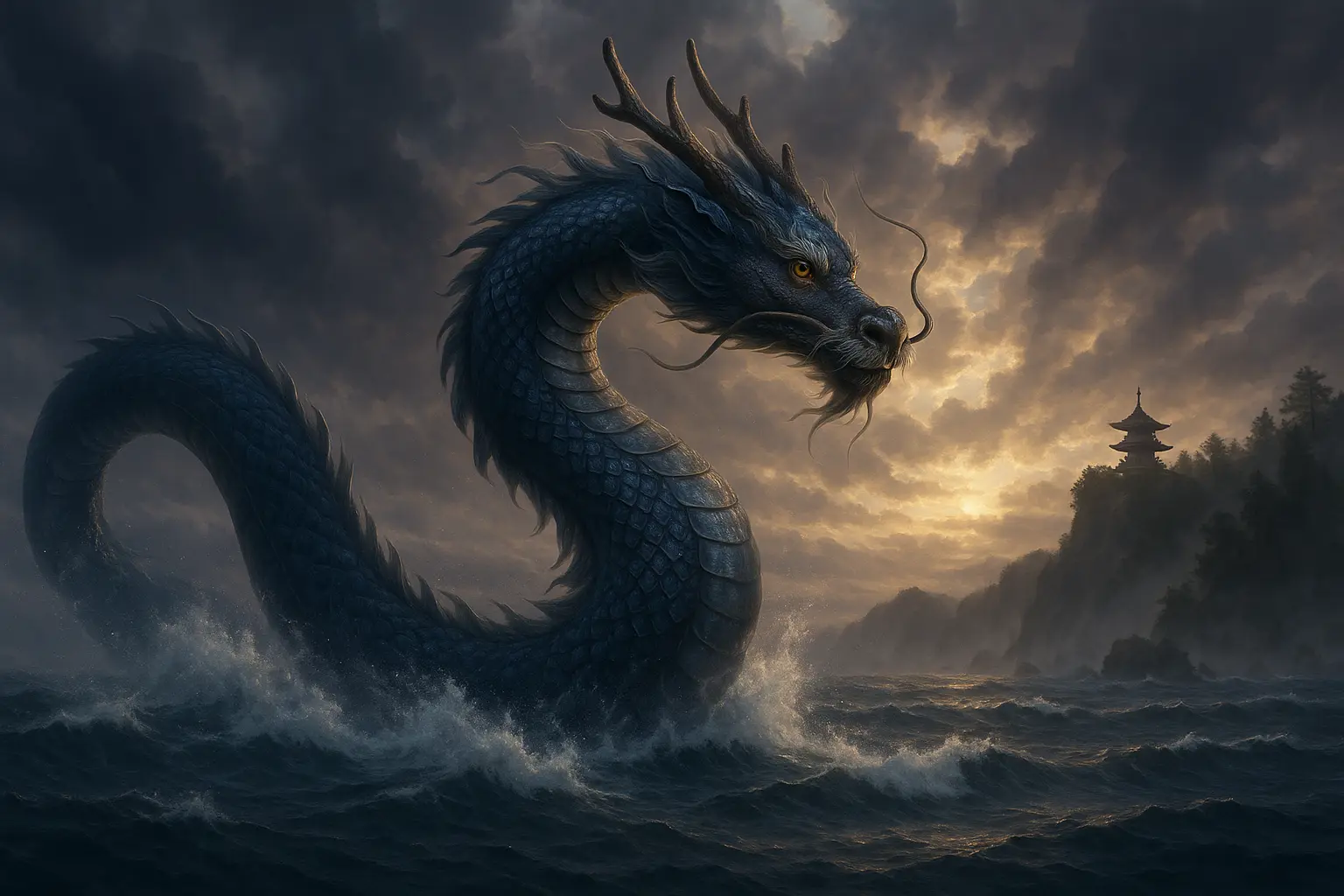 représentation d'un dragon japonais mythique dans la mer