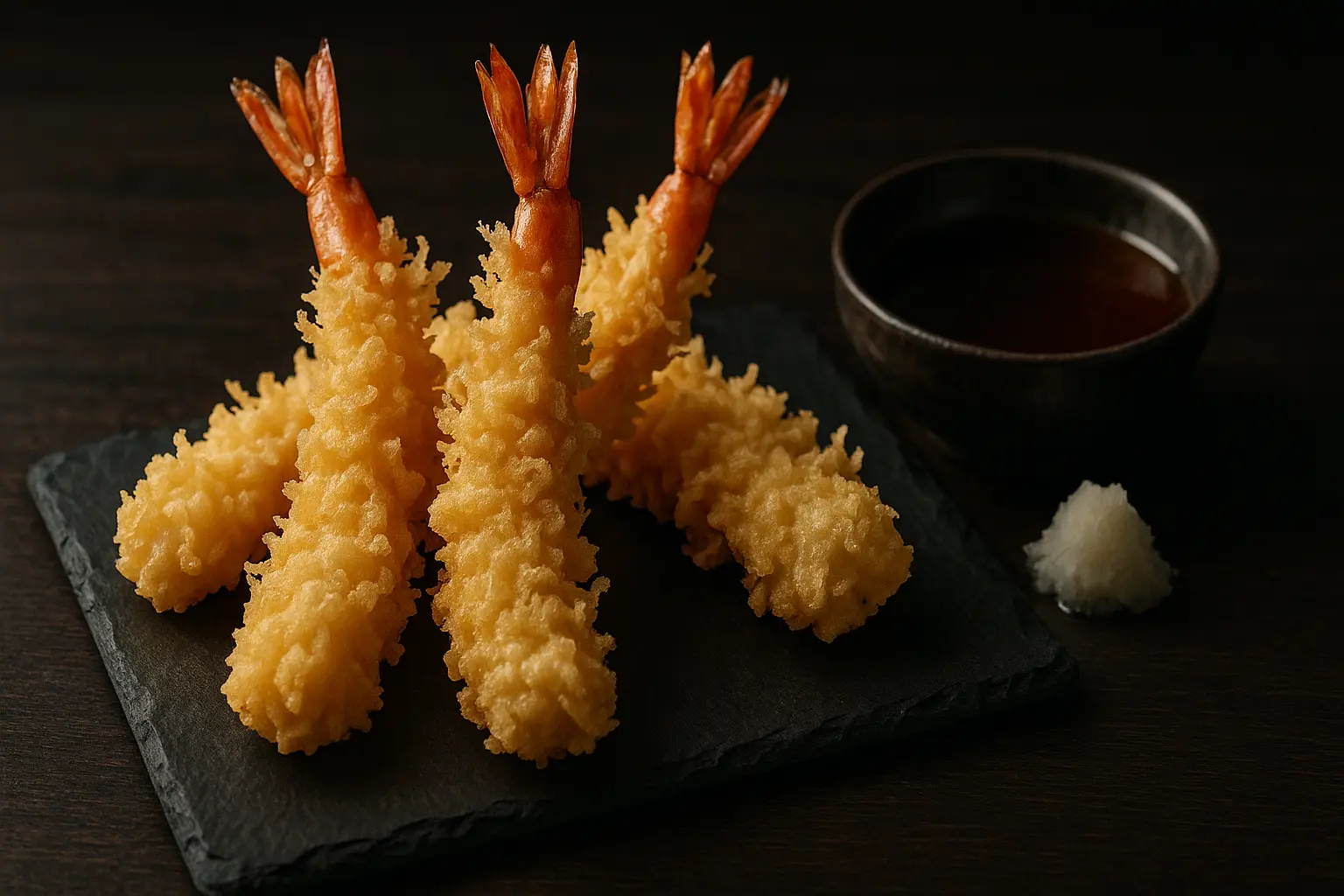 tempura ebi présentés dans une assiette accompagnées d'une sauce soja