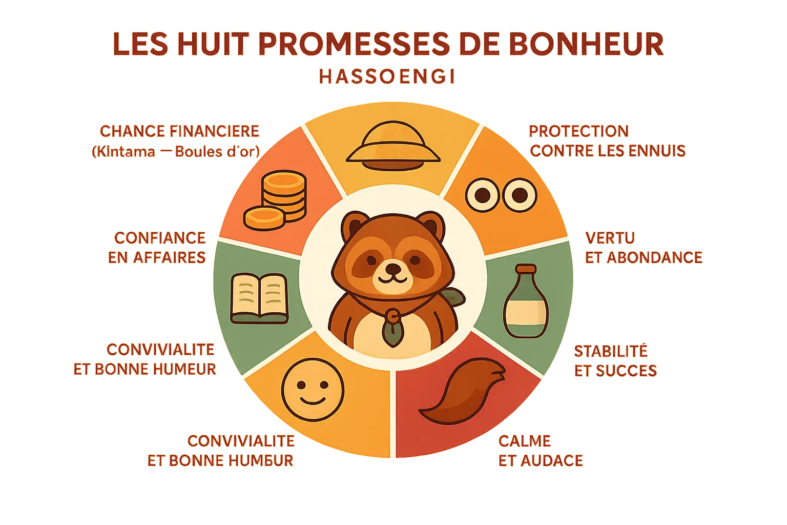 Infographie des huit promesses de bonheur du tanuki (hassoengi)