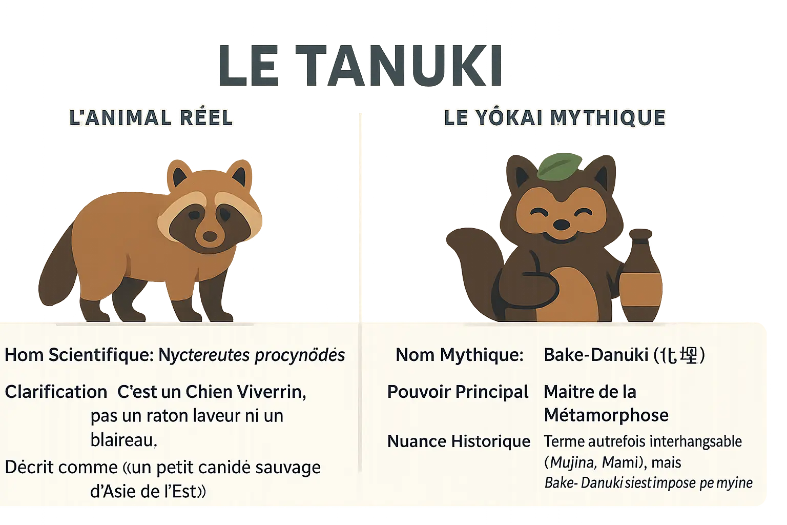 Illustration comparant le tanuki animal et le yōkai Bake-Danuki