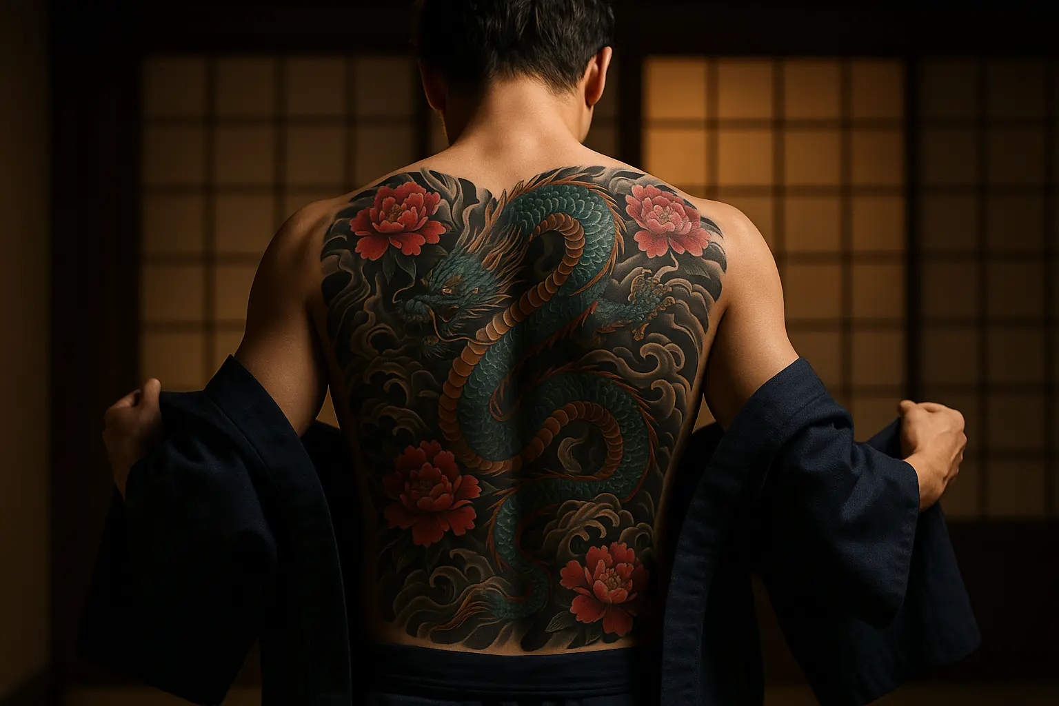 un yakuza montrant son tatouage avec un dragon sur le dos