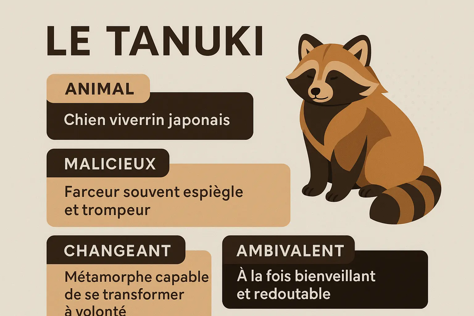 Statue de tanuki avec symboles de la bonne fortune