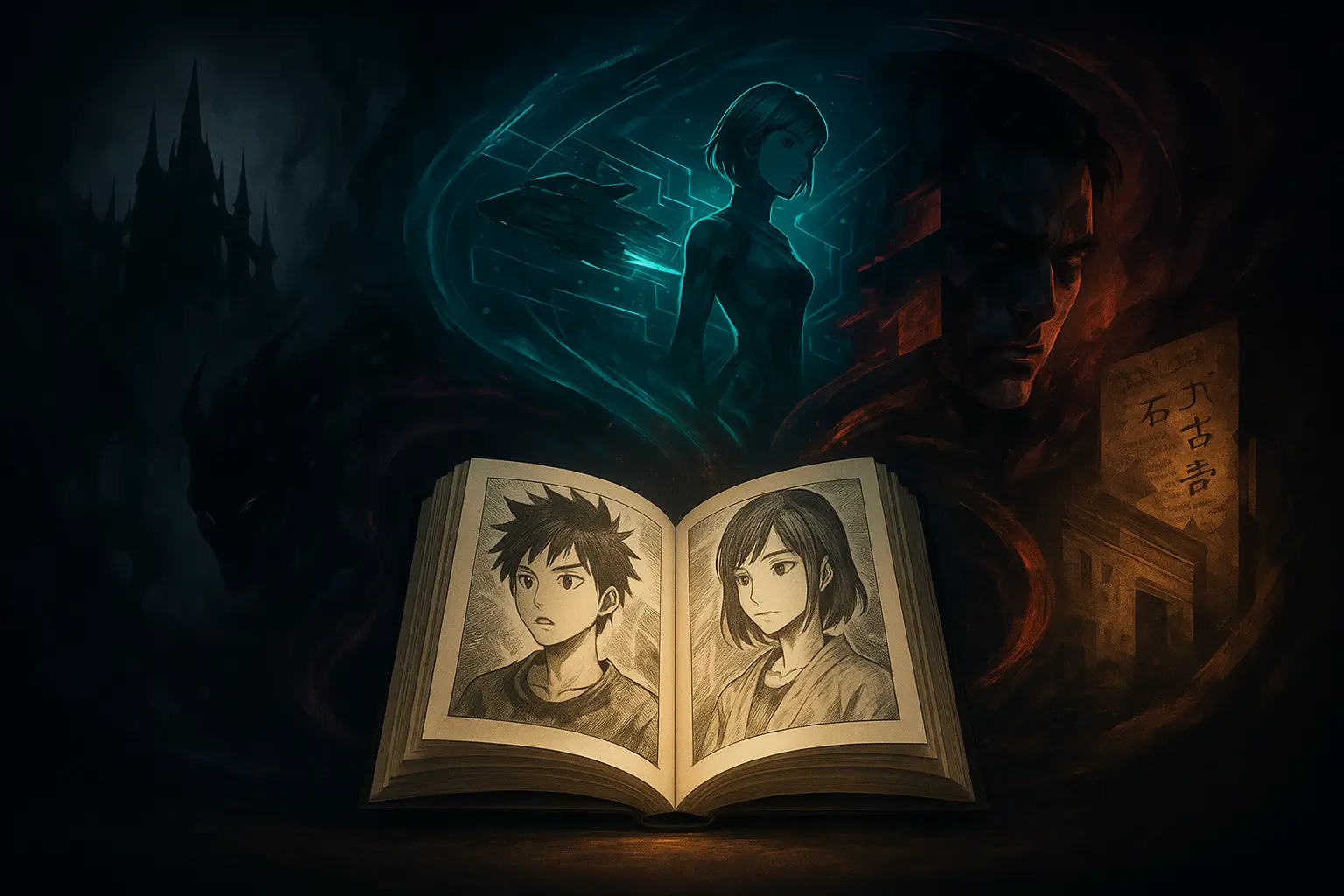 illustration avec au centre un manga papier ou se trouve le portrait d'un homme et d'une femme