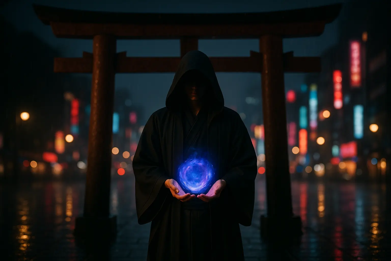 Un shinigami portant une robe à capuche noir tenant entre ses mains une boule d'énergie bleue
