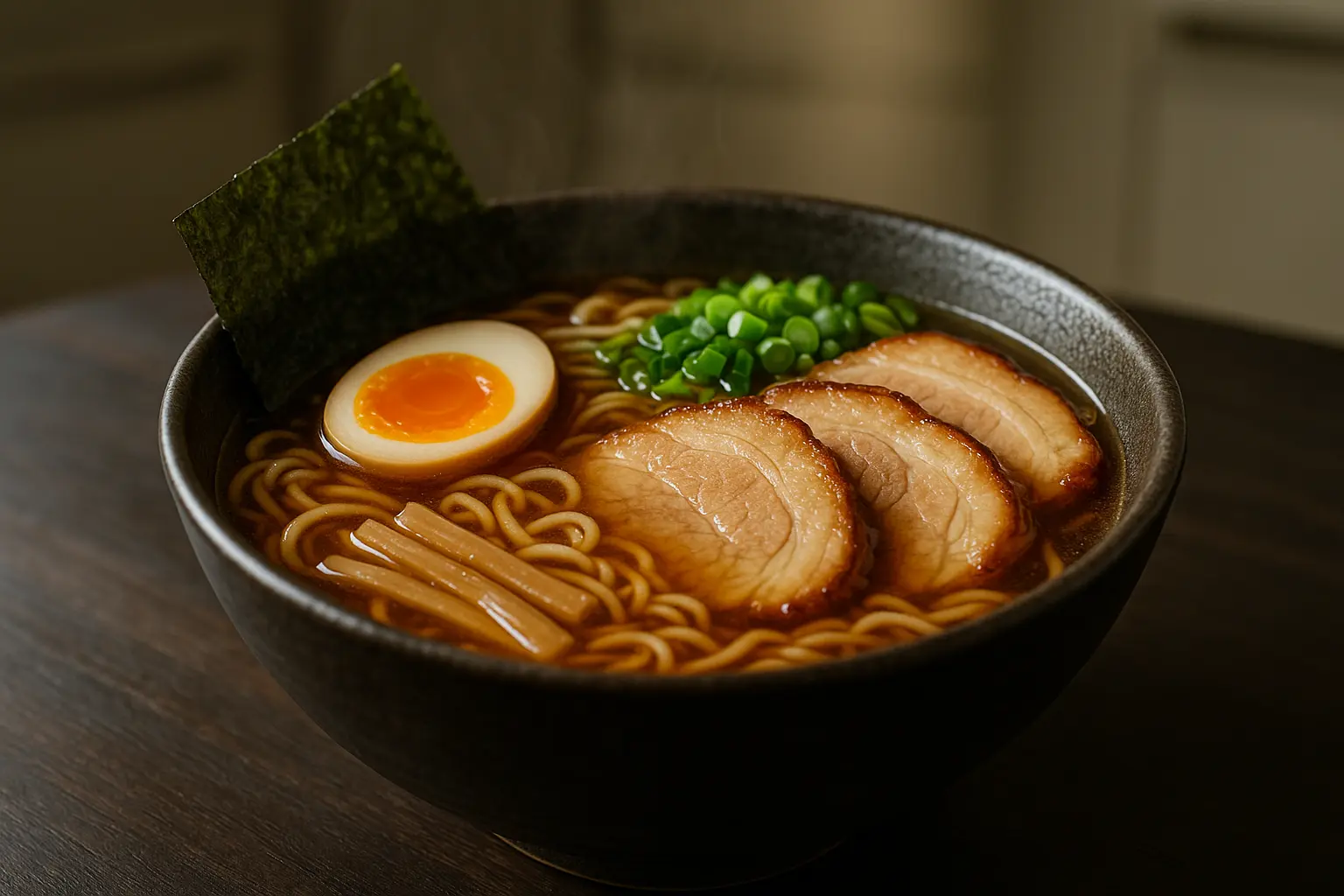 bol de shoyu ramen posé sur une table