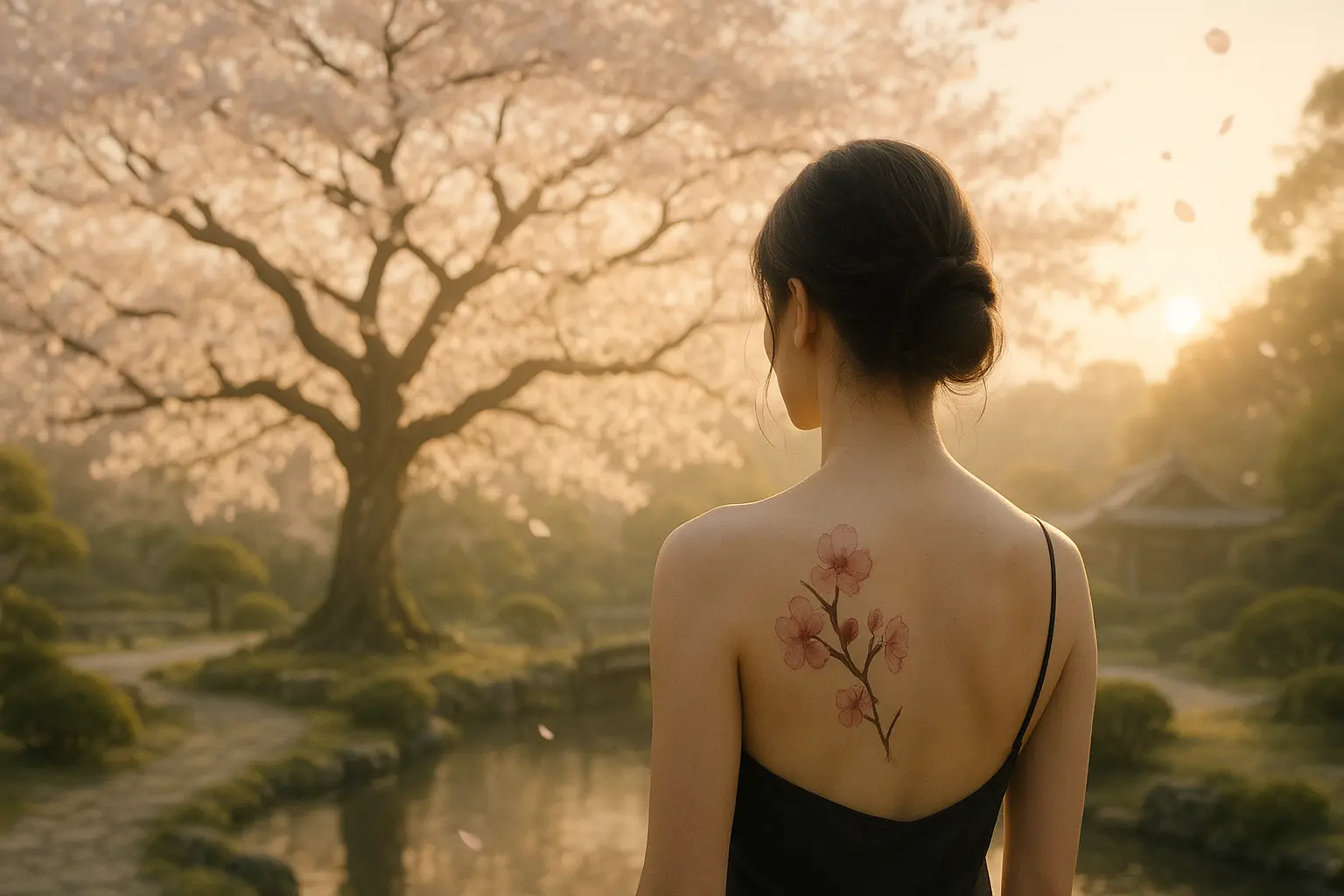 femme avec un tatouage fleur de cerisier dans le dos