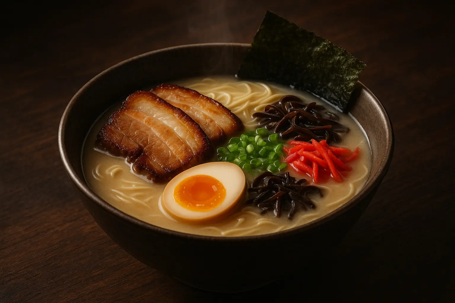 Un bol rempli de Tonkotsu ramen