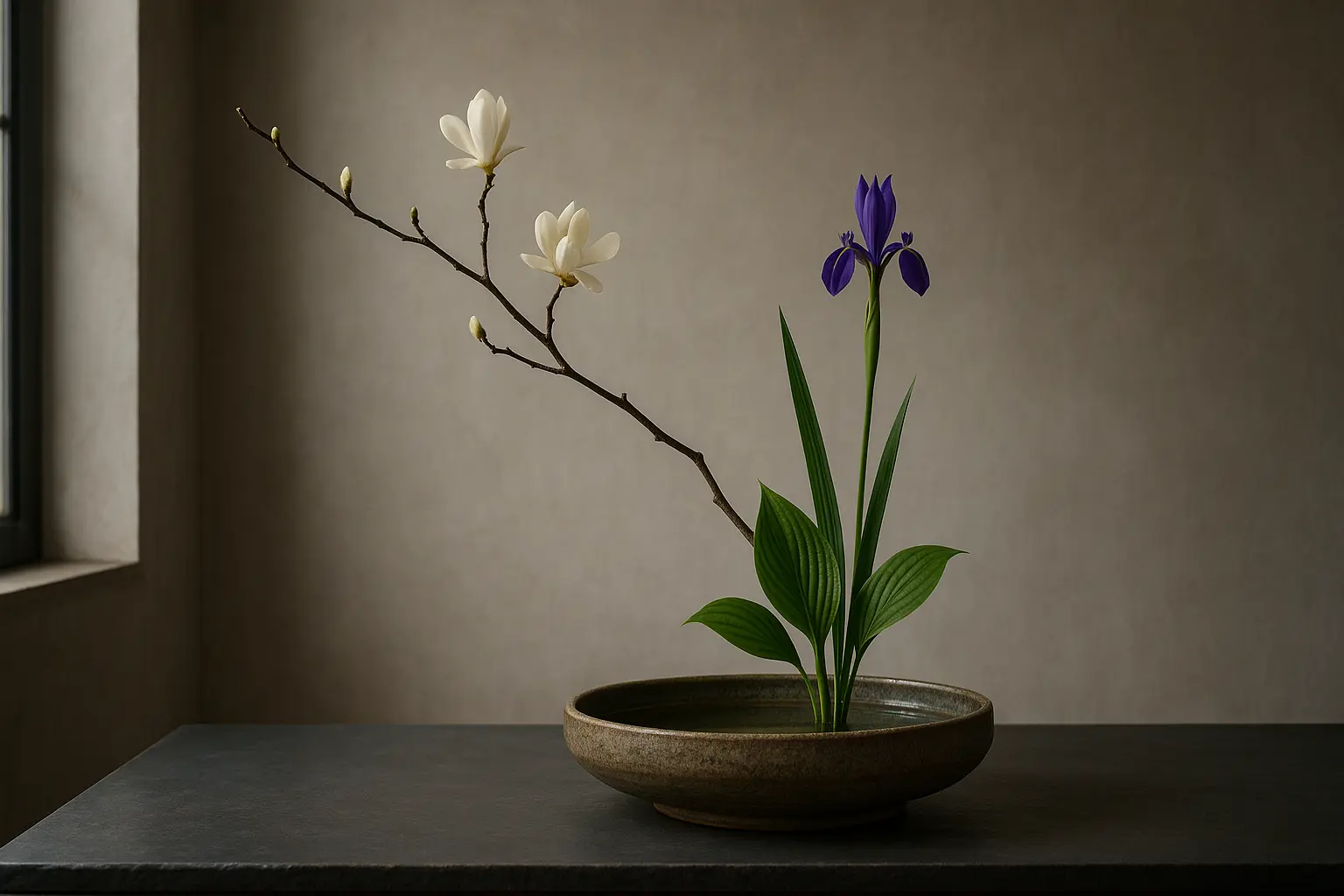 un vase ikebana avec deux fleurs