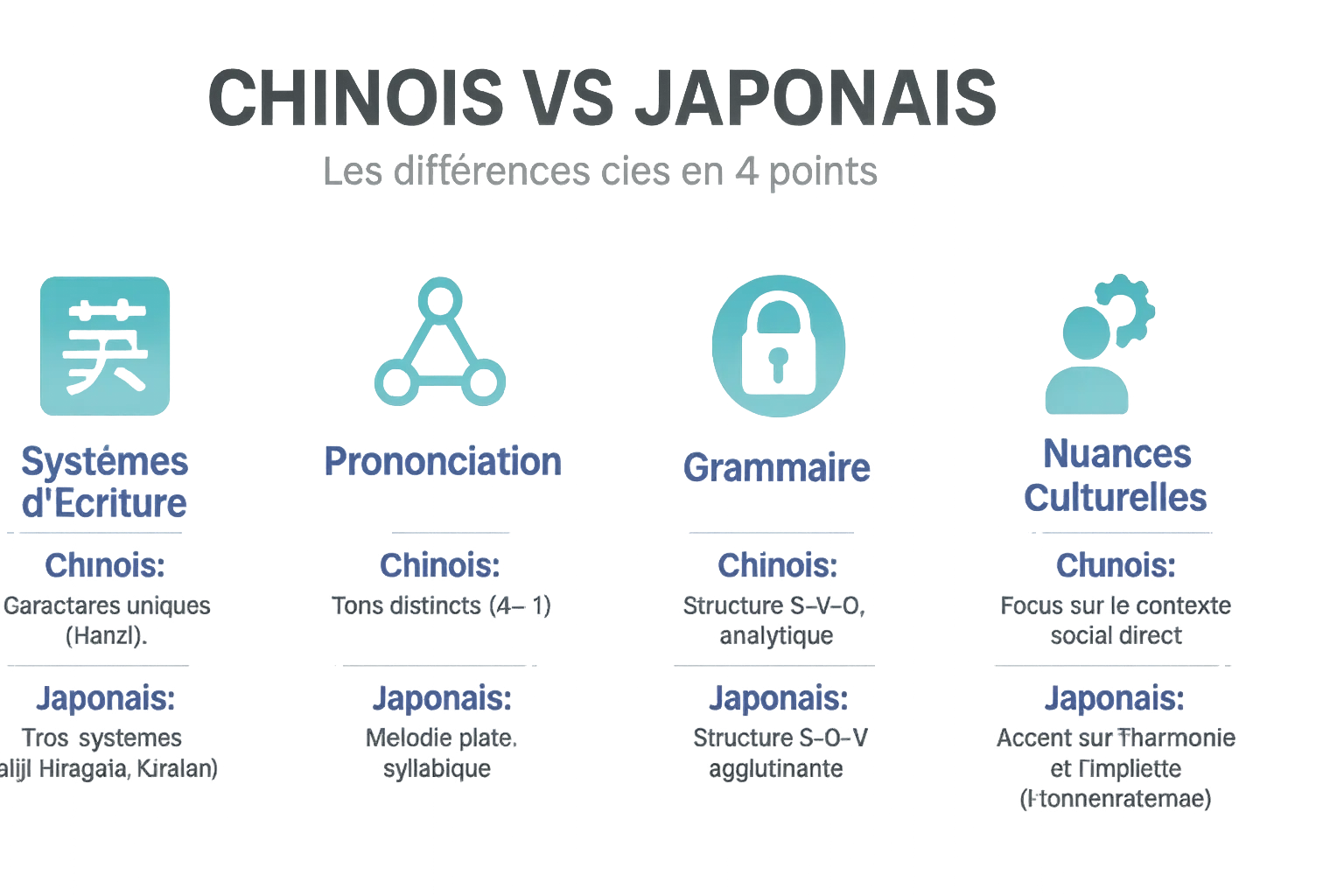 <strong>Comparaison visuelle des écritures chinoise et japonaise</strong>« ></p>
<p>Je me souviens encore de ma perplexité la première fois que j’ai vu des textes japonais. À l’époque, je pensais reconnaître du chinois à cause des caractères similaires. Une amie japonaise m’a alors gentiment corrigé : « Ce que tu vois est <strong>un mélange de Kanji et d’Hiragana</strong>, typique de notre langue. » Cette confusion est plus courante qu’on ne le croit, surtout quand on débute.</p>
<p>Comment distinguer ces deux langues qui partagent une origine commune ? Pourquoi des caractères si proches donnent-ils naissance à des systèmes si différents ? L’objectif ici est de dépasser les clichés et de se concentrer sur les <strong>chinois japonais différences réelles</strong>. Nous explorerons successivement les systèmes d’écriture (la « fausse jumelle »), la prononciation (deux « mélodies » distinctes), et enfin les subtilités grammaticales. Saviez-vous qu’un même caractère peut se prononcer différemment selon la langue ?</p>
<p>En route pour un voyage linguistique qui vous permettra de <strong>reconnaître à coup sûr ces deux langues</strong>, et peut-être même de décrypter quelques pancartes lors de votre prochain voyage en Asie de l’Est ! Si vous avez déjà tenté de prononcer un menu japonais en appliquant les règles chinoises, vous comprendrez vite l’importance de cette distinction…</p>
<h2 id=