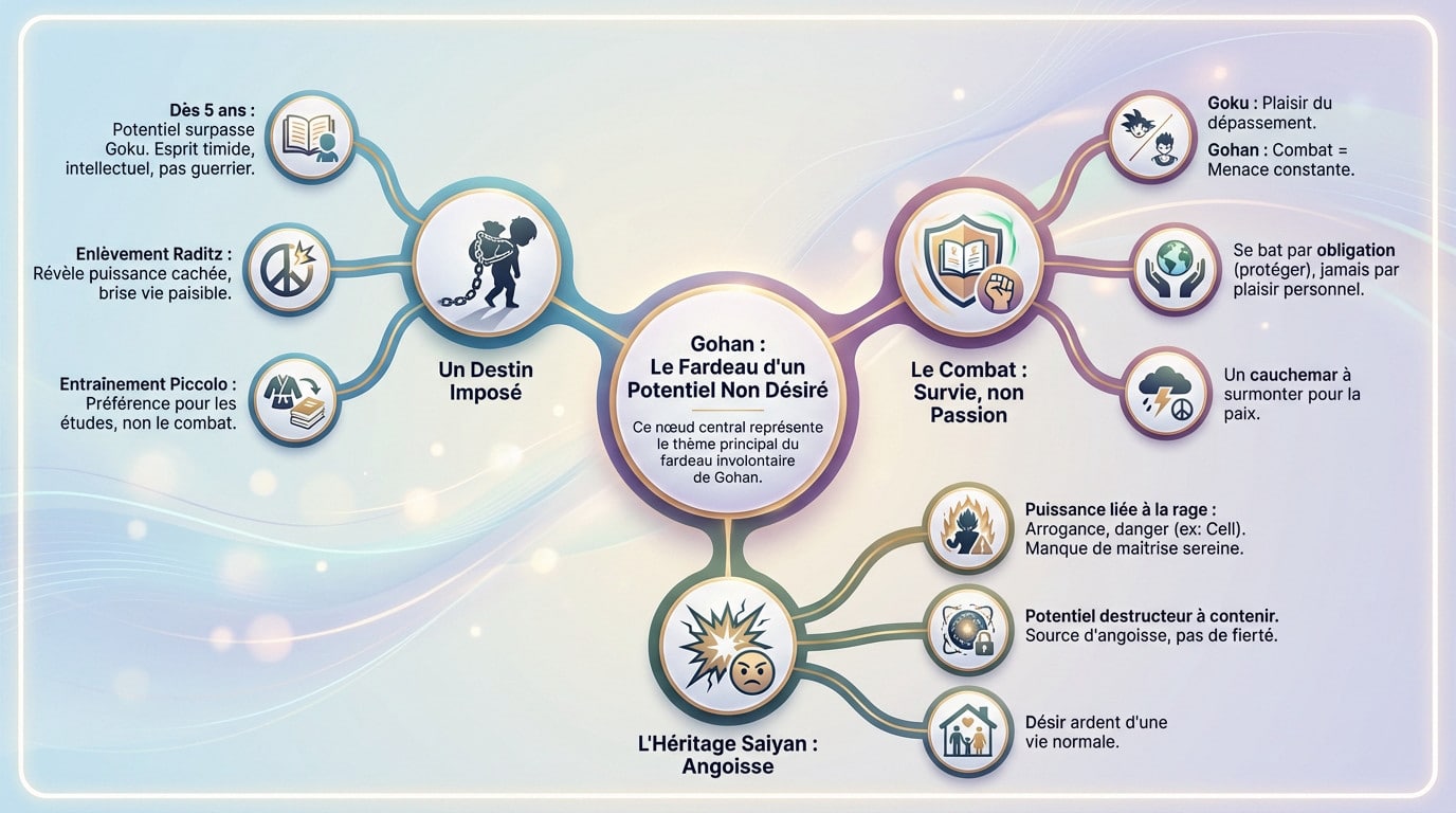 Illustration de Gohan enfant ressentant le poids de son héritage Saiyan face à son désir de paix