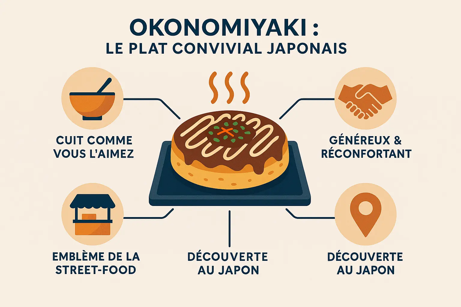 Infographie illustrant les étapes de préparation de l'okonomiyaki, plat convivial japonais