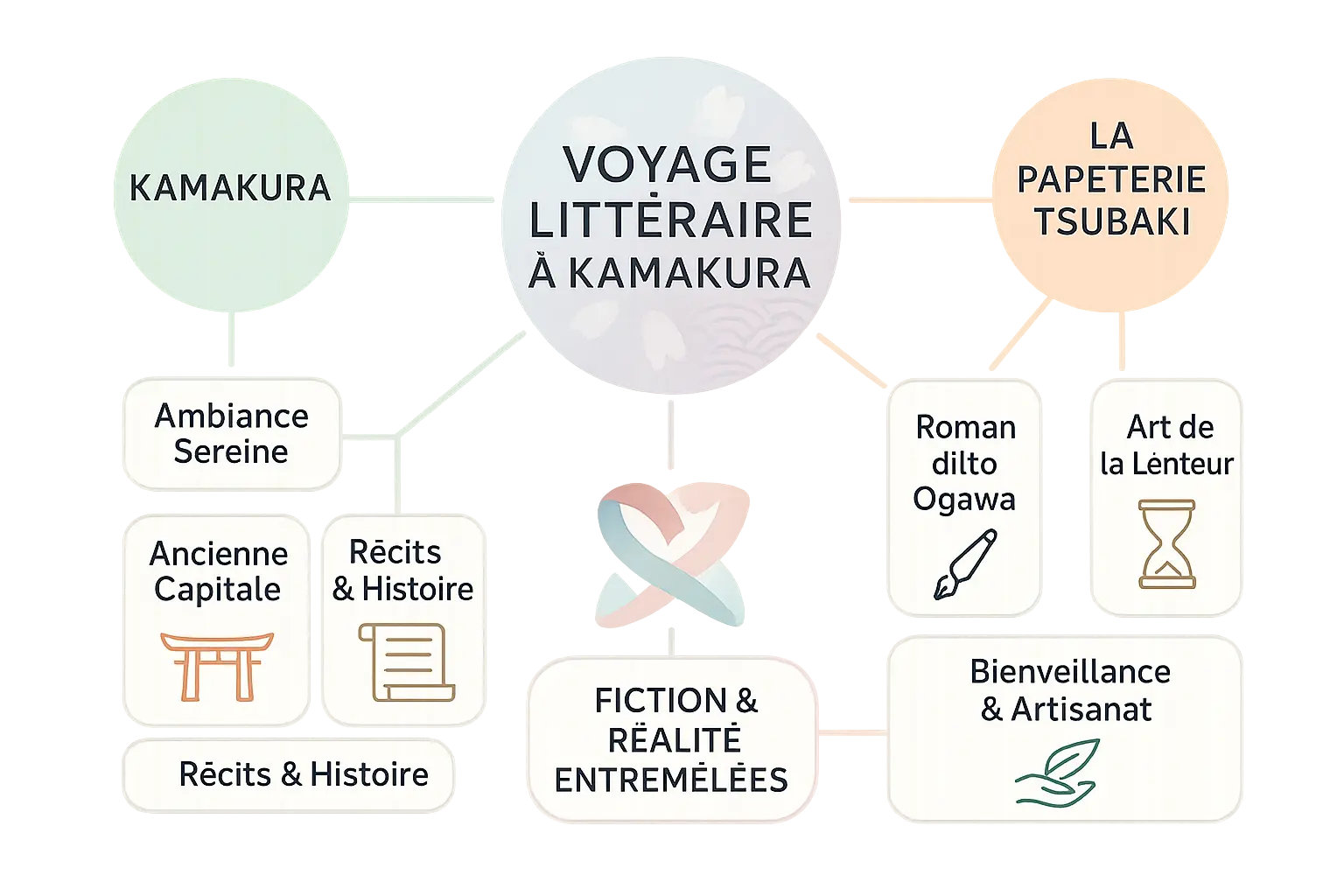 Infographie des sites emblématiques de Kamakura inspirés par La Papeterie Tsubaki