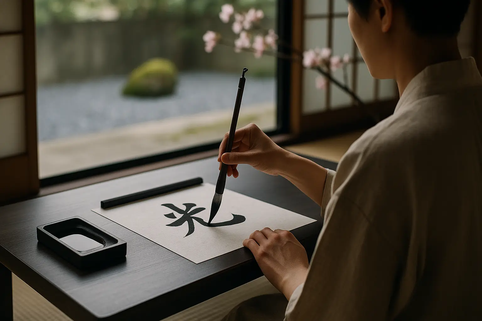 femme en train de dessiner un kanji