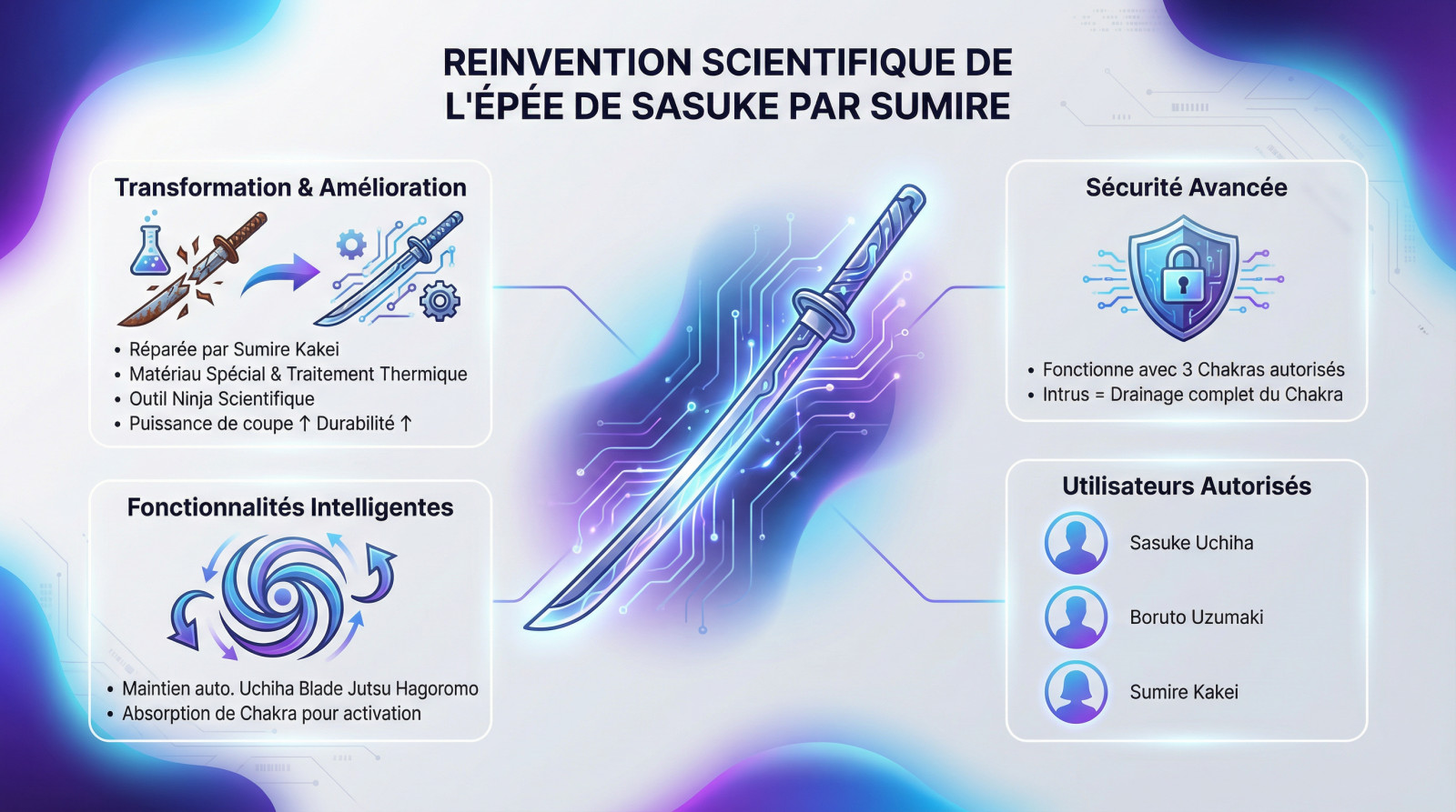 Transformation scientifique de l'épée de Sasuke Uchiha par Sumire Kakei