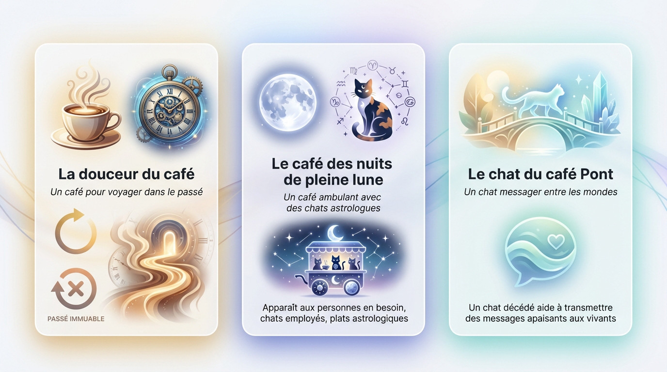 Illustration de cafés imaginaires japonais mêlant chats, astrologie et voyage dans le temps