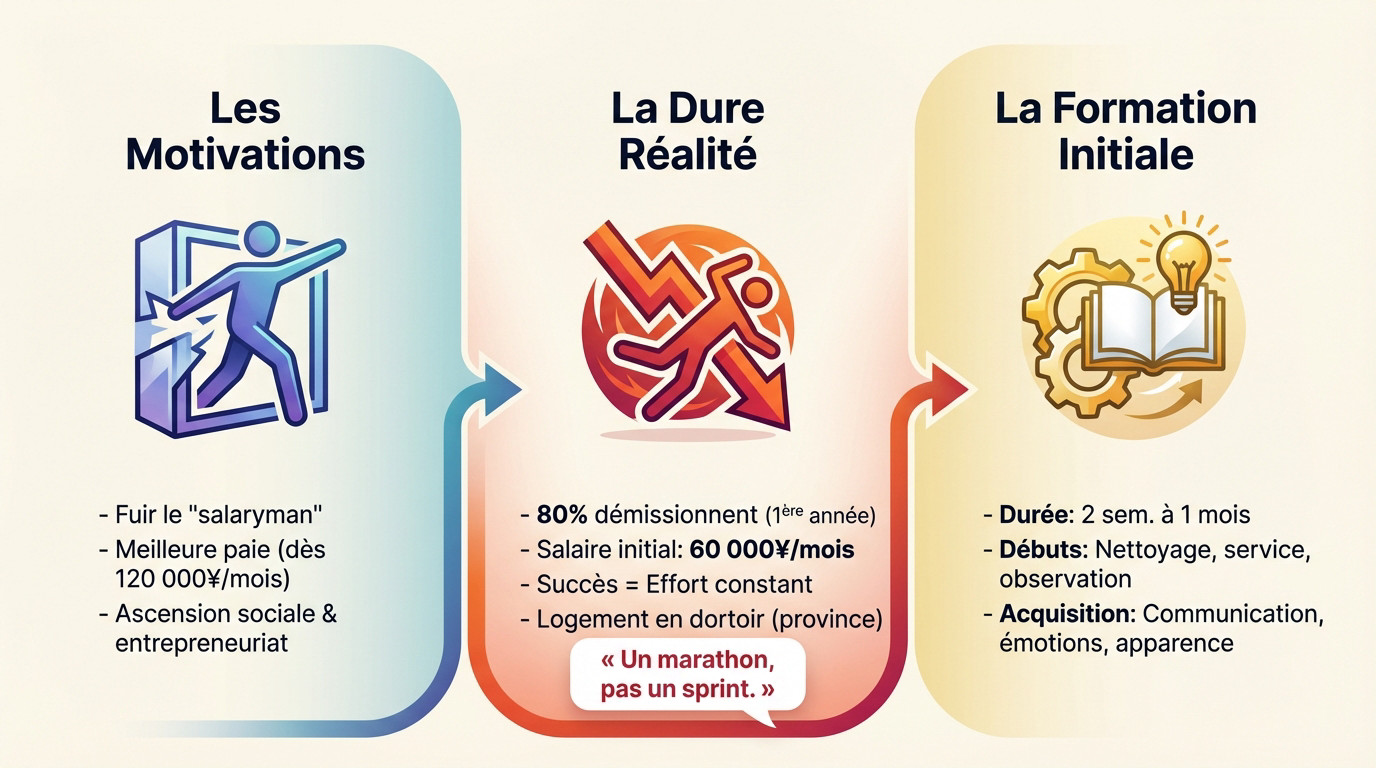 Jeune host japonais en formation apprenant les codes du service et de l'étiquette dans un club