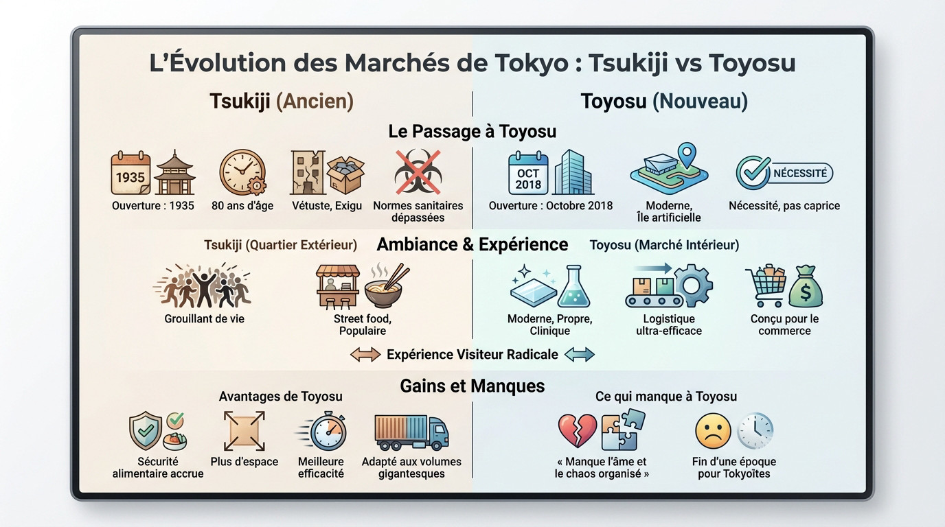 Comparaison entre l'ambiance traditionnelle de Tsukiji et l'architecture moderne de Toyosu