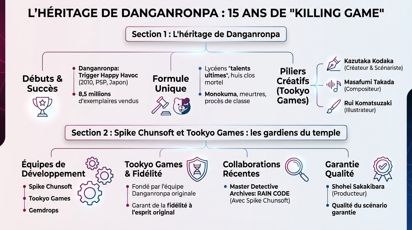 Illustration des créateurs de Danganronpa et de l'héritage de la série