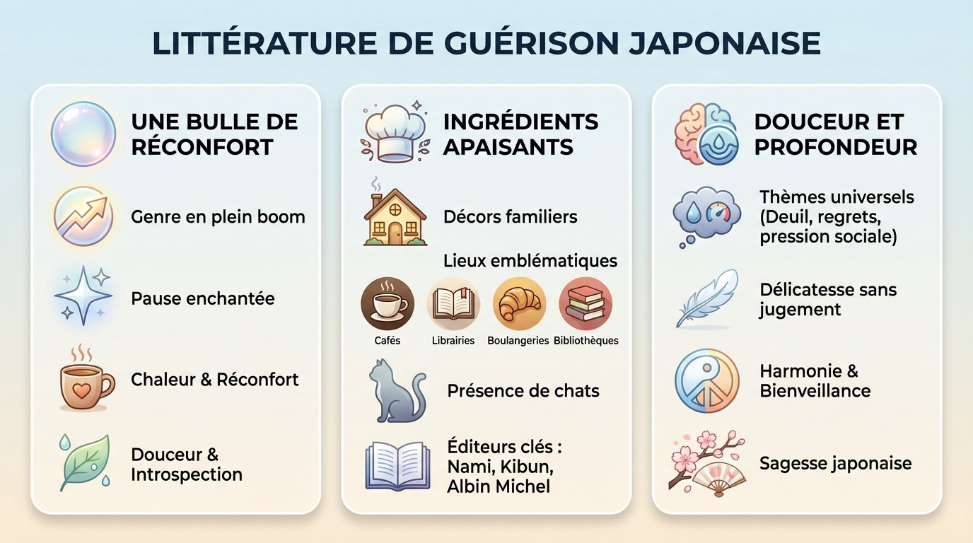 Pile de livres et tasse de thé évoquant l'ambiance cosy de la littérature de guérison japonaise