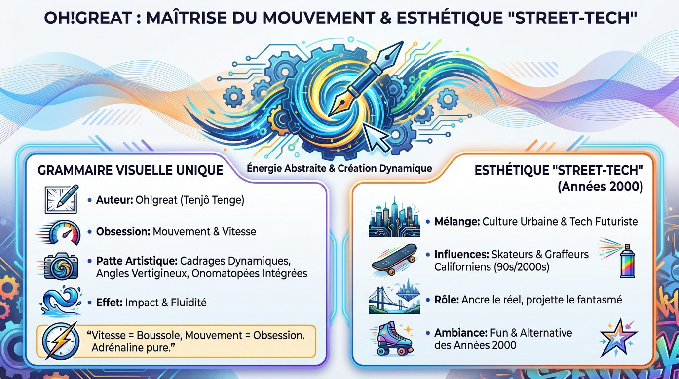 Illustration du style artistique dynamique de Oh!great mêlant mouvement et esthétique street-tech