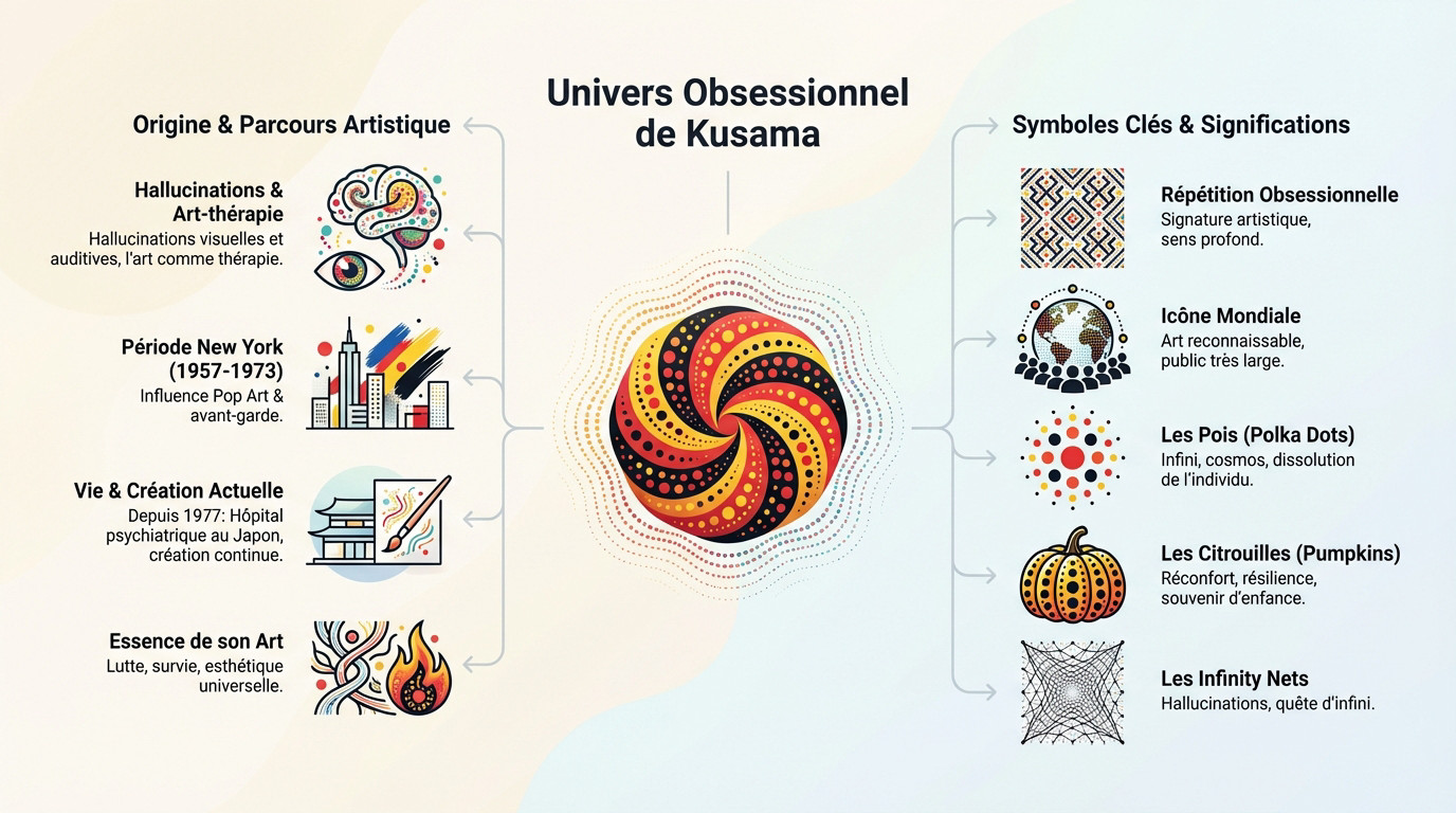 Portrait artistique illustrant l'univers obsessionnel et coloré de Yayoi Kusama