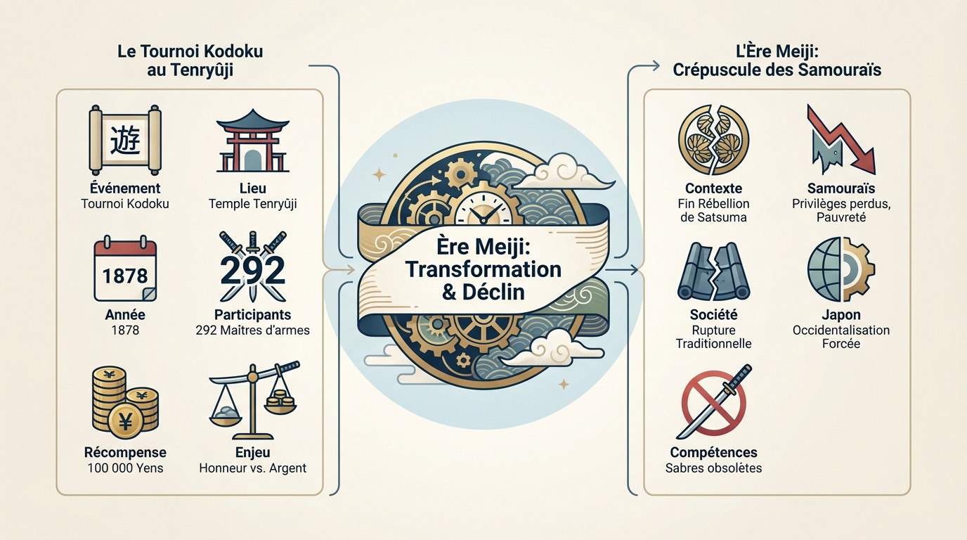 Illustration symbolisant le crépuscule des samouraïs et le jeu mortel Kodoku durant l'ère Meiji