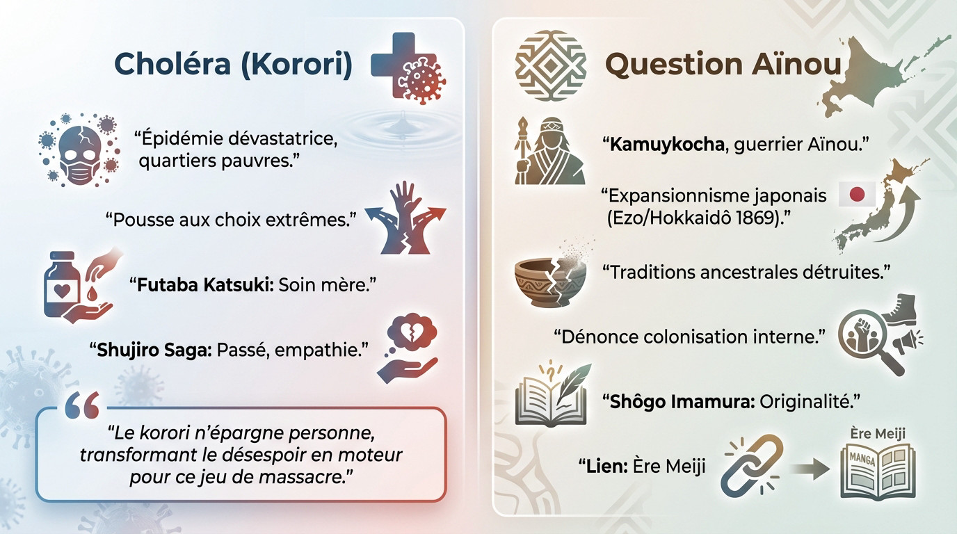 Infographie illustrant l'impact du choléra et la question Aïnou durant l'ère Meiji