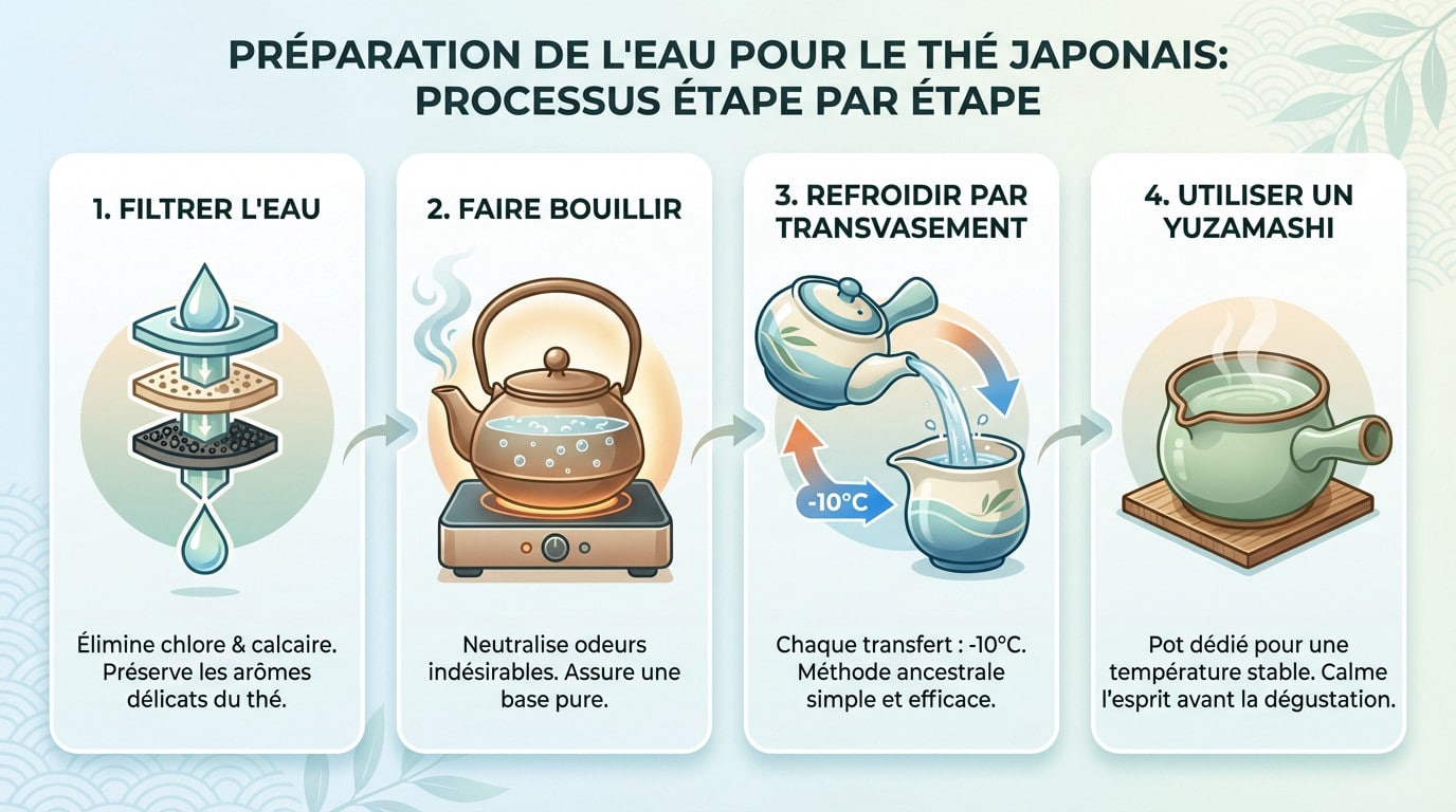 Infographie illustrant les étapes clés de la préparation de l'eau pour le thé japonais : filtration et refroidissement