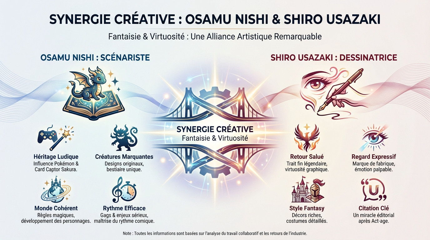 Illustration de la synergie créative entre Osamu Nishi et Shiro Usazaki pour le manga Ichi the Witch