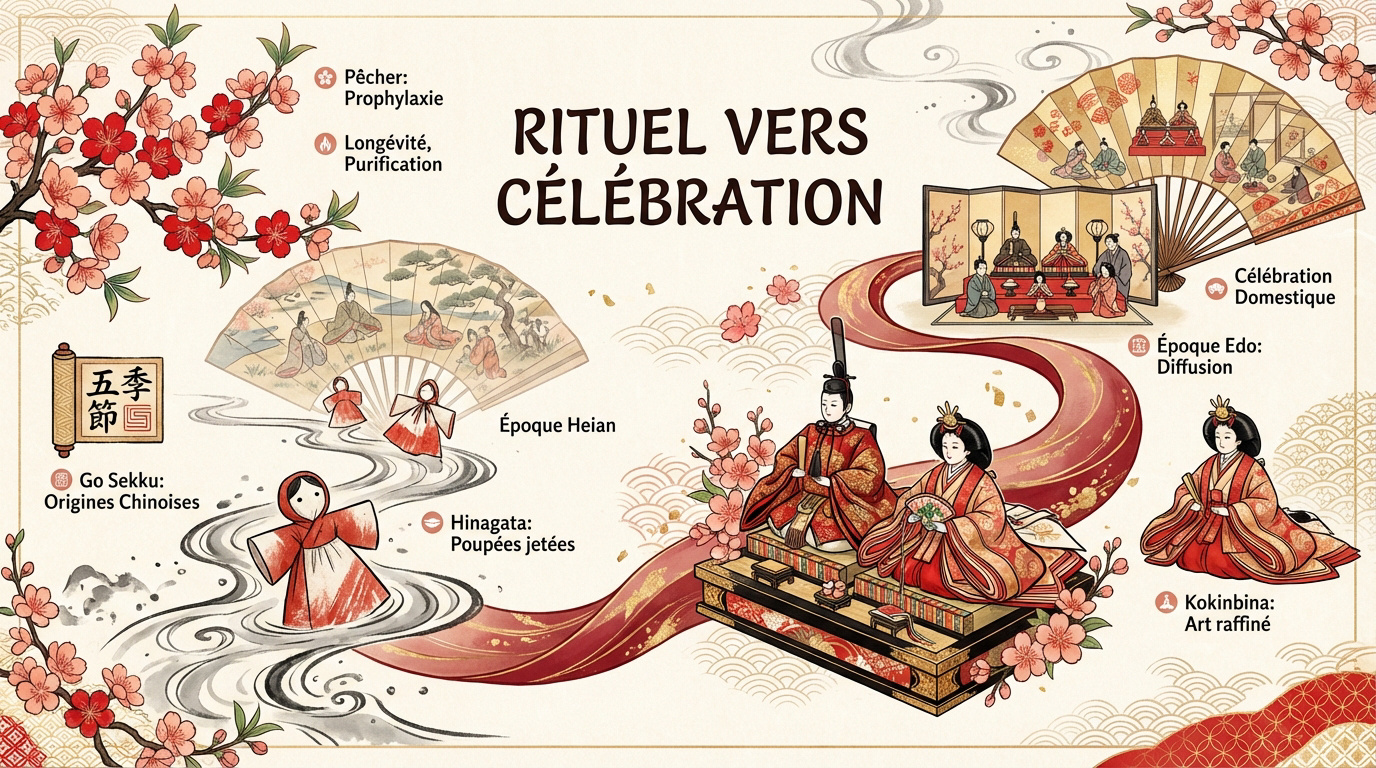 Exposition traditionnelle de poupées Hina Ningyo sur un autel Hinadan recouvert de tapis rouge