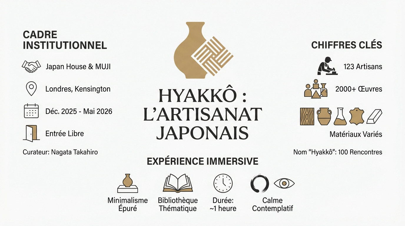 Exposition Hyakkô à Japan House London présentant des objets d'artisanat japonais