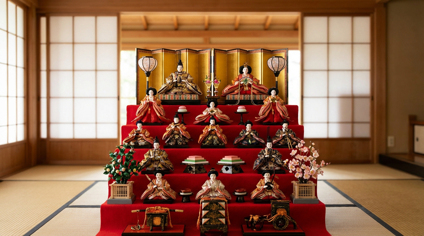 Autel de poupées Hina Matsuri à plusieurs niveaux, avec l'empereur, l'impératrice et leur cour, dans une pièce japonaise.