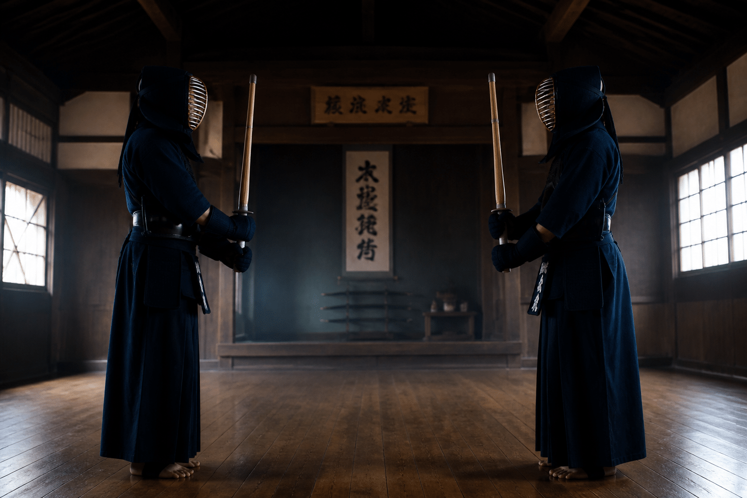 Pratiquants de kendo en uniforme traditionnel et armure dans un dojo japonais