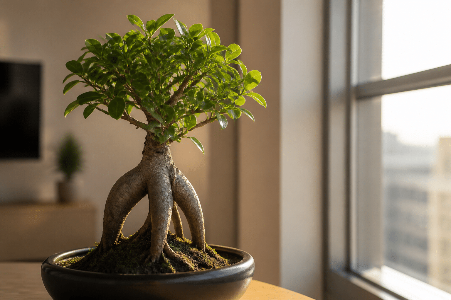bonsaï ficus ginseng placé près d'une fenêtre ensoleillée dans un intérieur japonisant