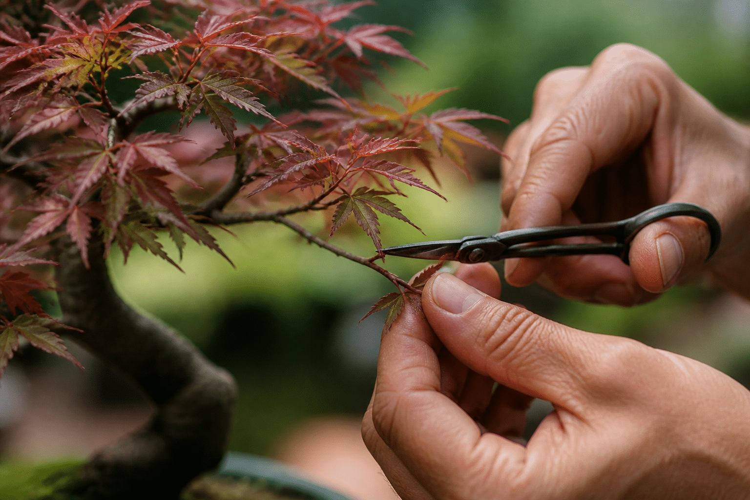 taille bonsaï avec ciseaux spéciaux, pincement des nouvelles pousses de printemps