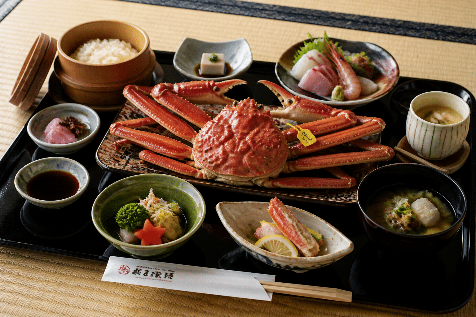 Repas kaiseki au crabe Matsuba servi en saison hivernale dans un ryokan de Kinosaki