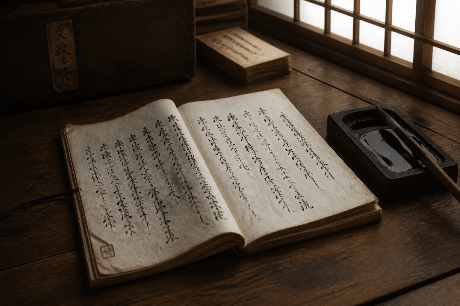 Manuscrit japonais traditionnel ouvert avec calligraphie kanji et pinceau, évoquant le Hagakure