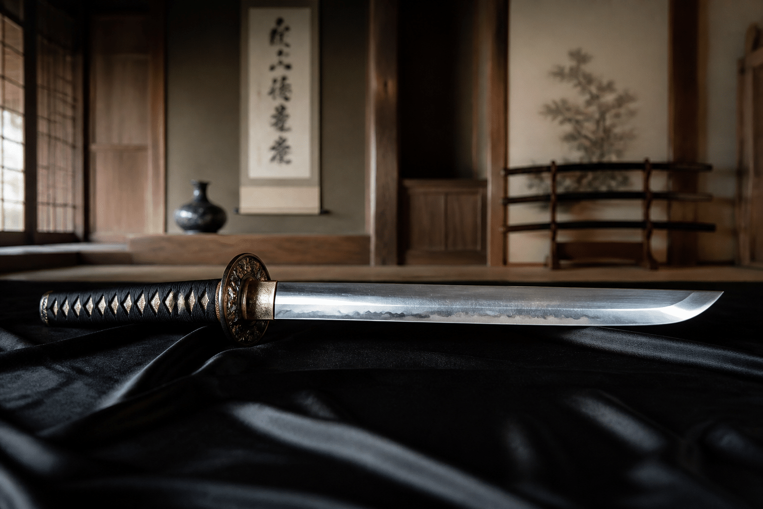 Katana japonais traditionnel posé sur soie noire, symbole du bushido