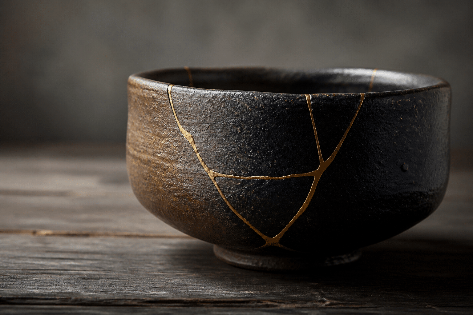 Bol de thé japonais réparé selon la technique kintsugi, lignes d'or sur céramique sombre