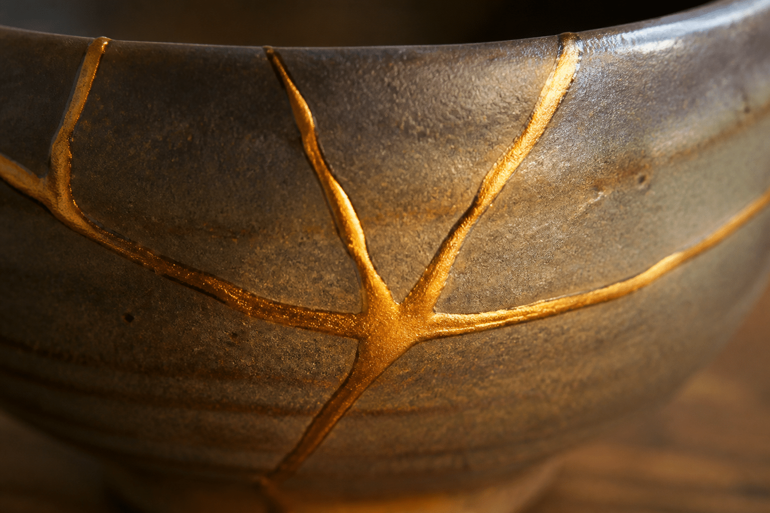 Bol japonais réparé au kintsugi avec des lignes d'or sur fond de bois sombre, atelier artisanal
