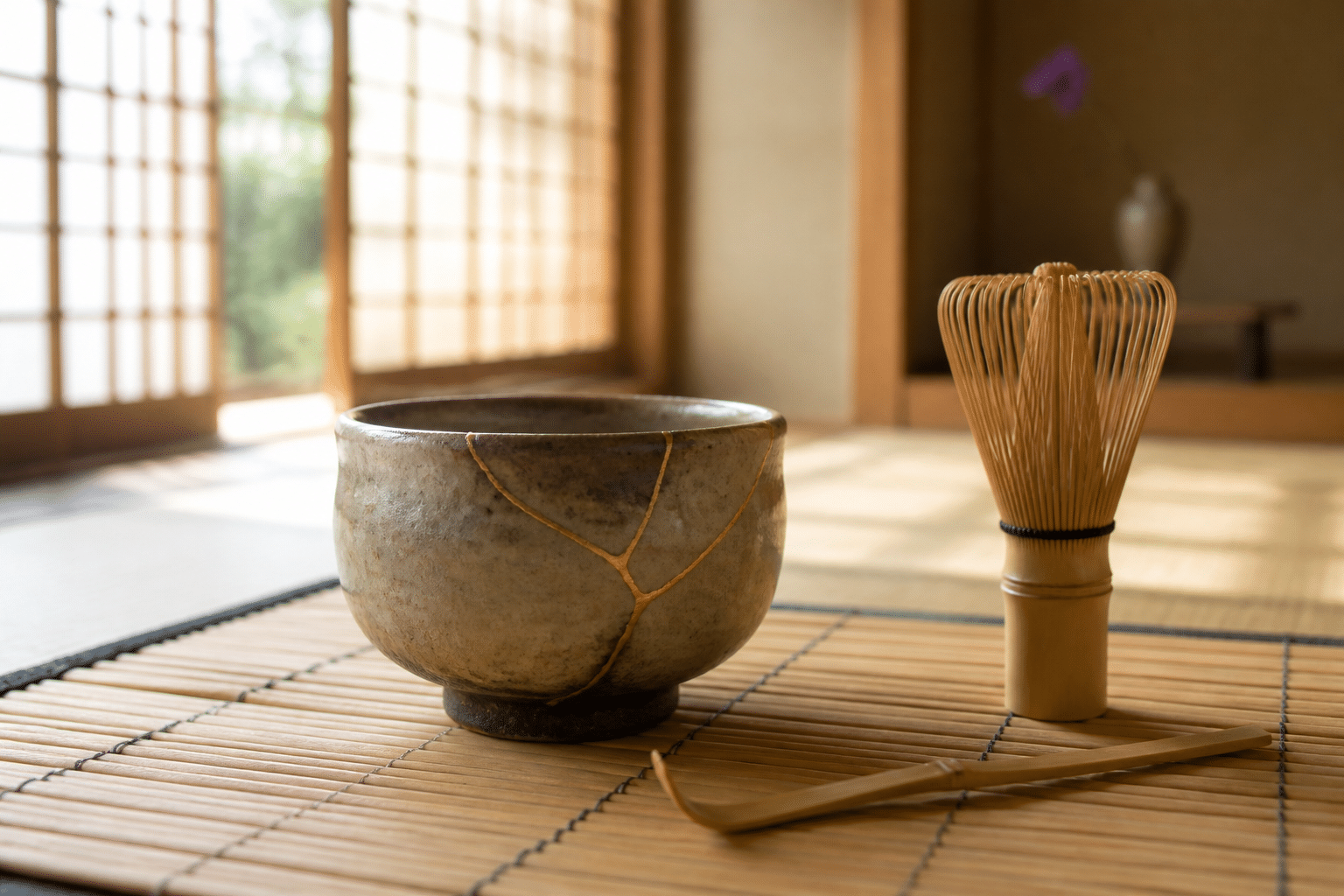 Cérémonie du thé japonaise avec chawan réparé au kintsugi, fouet en bambou et tatami