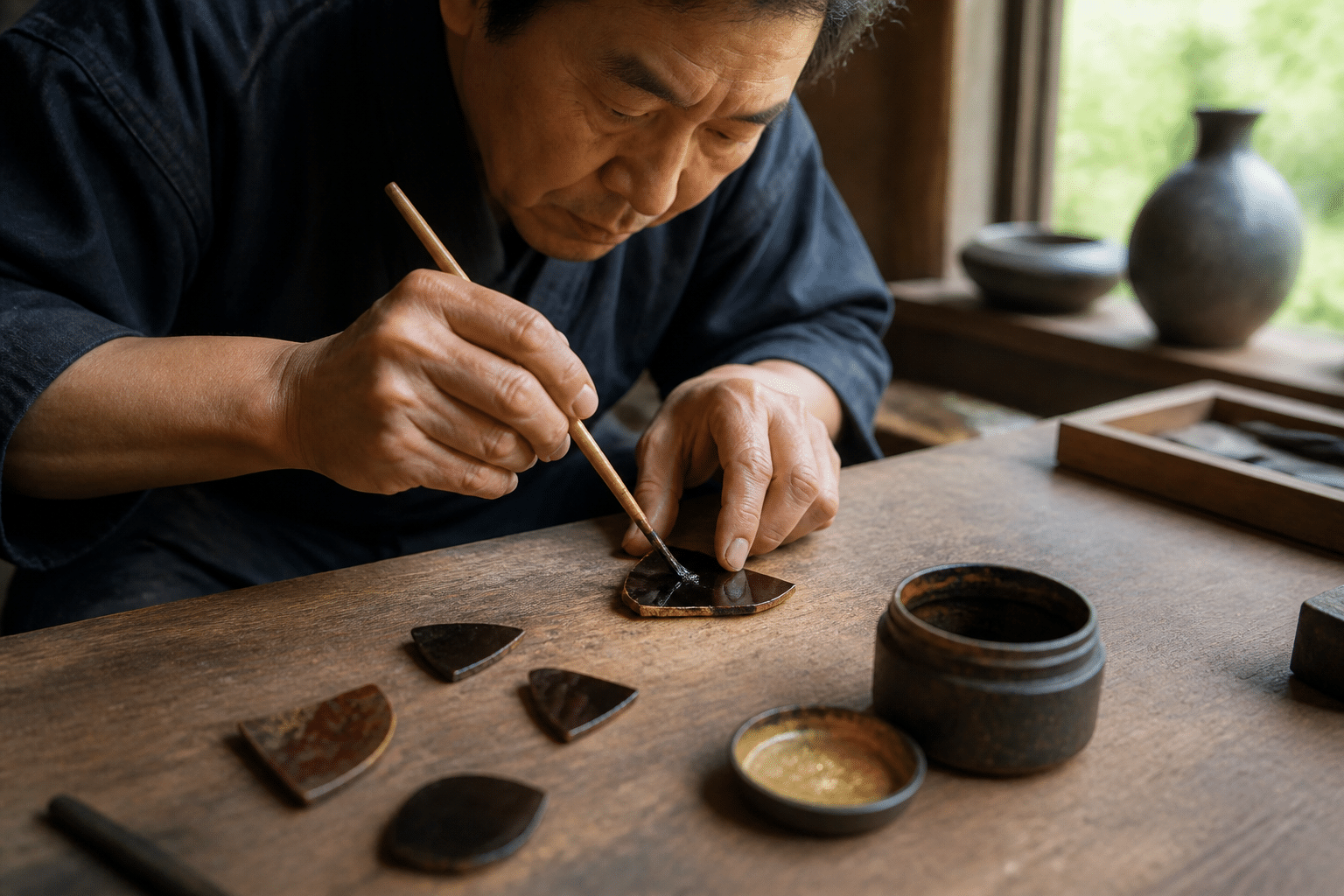 Artisan japonais appliquant la laque urushi sur des fragments de céramique dans un atelier traditionnel