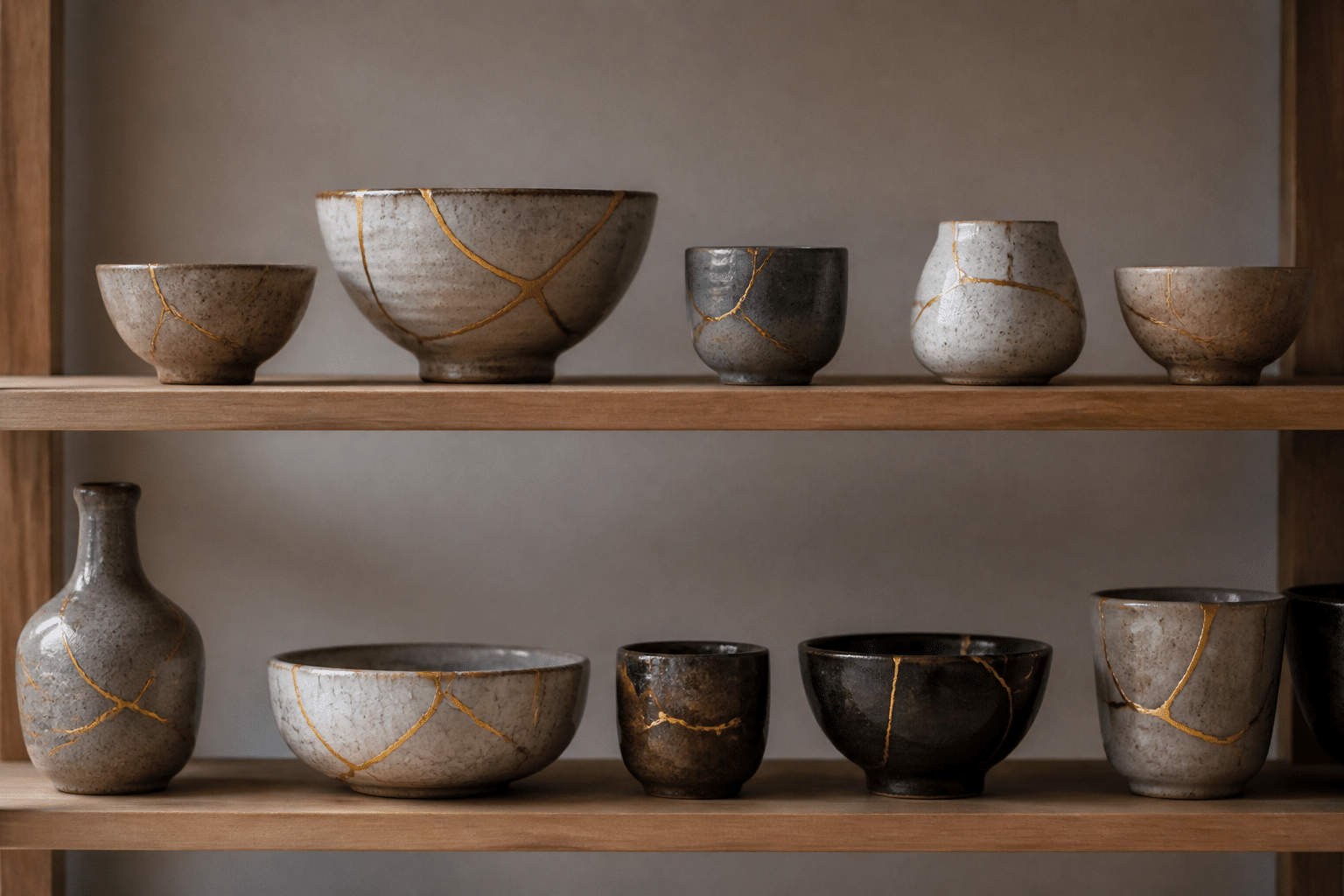 Collection de céramiques japonaises réparées au kintsugi exposées sur une étagère en bois