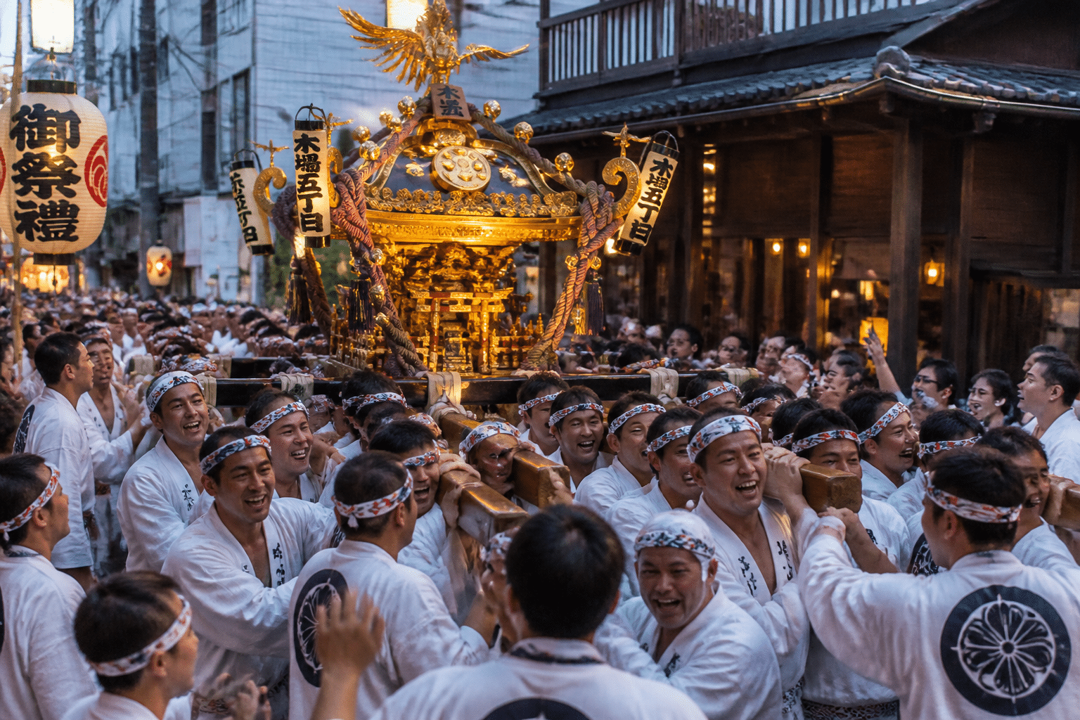 Procession matsuri avec mikoshi, autel portatif shinto porté en fête