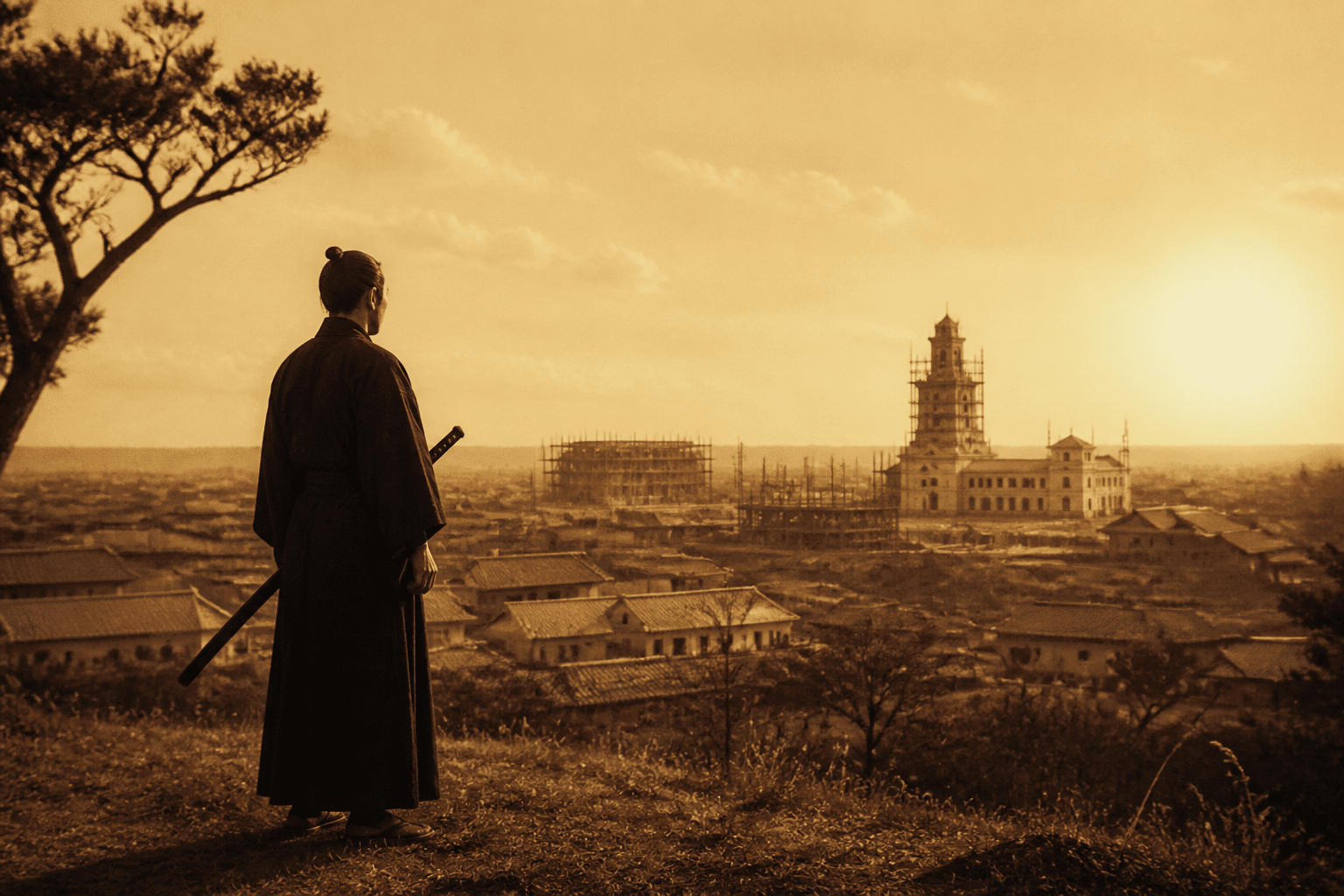 Samouraï âgé regardant le soleil levant pendant la restauration Meiji, fin de l'ère samouraï