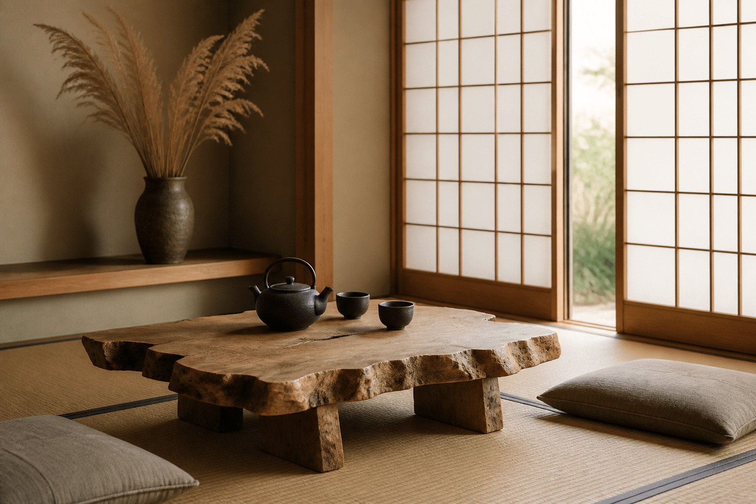 Intérieur japonais traditionnel avec tatami, table basse en bois brut et théière en céramique noire