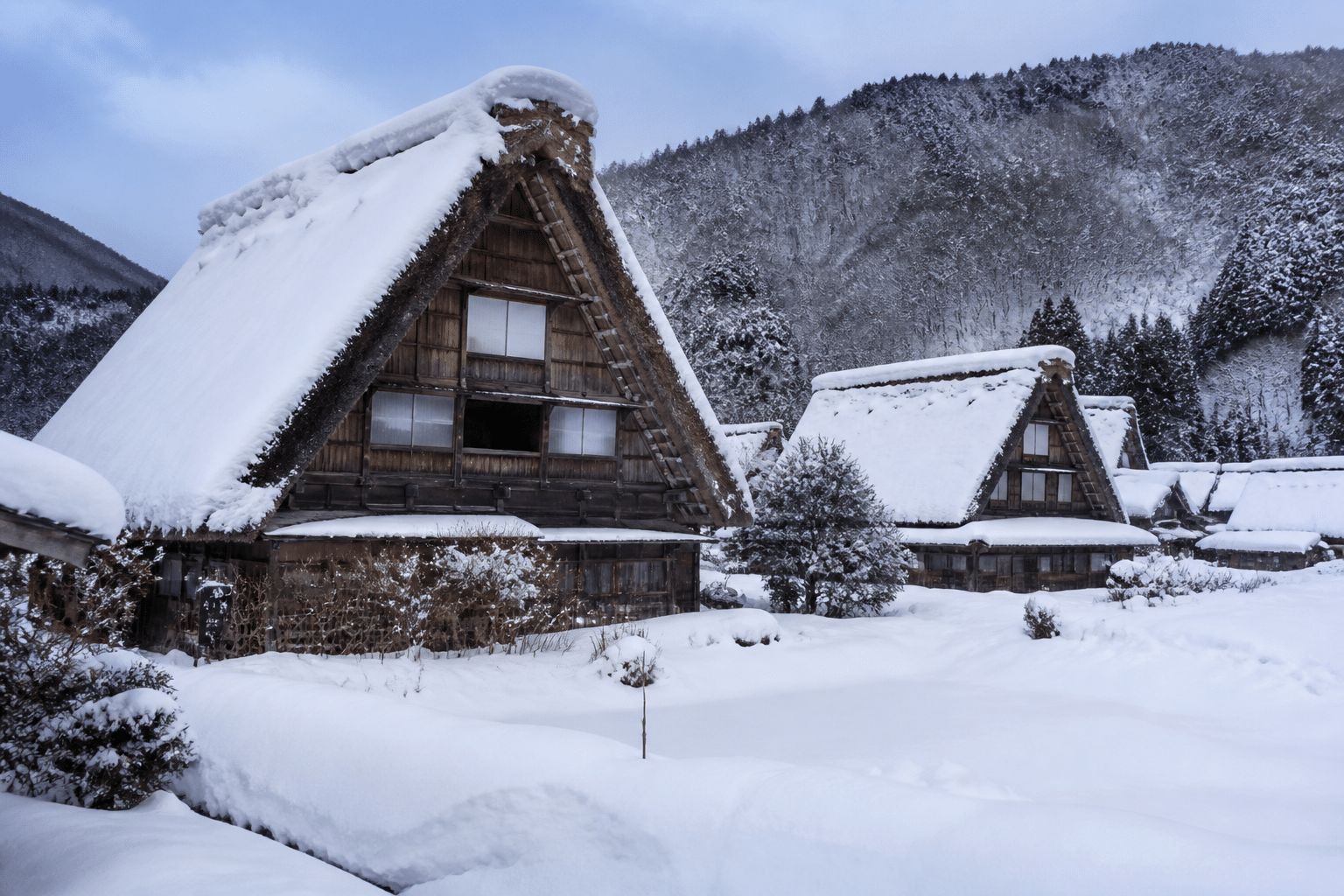 maisons gassho-zukuri de Shirakawa-go sous la neige avec toits de chaume en pente raide