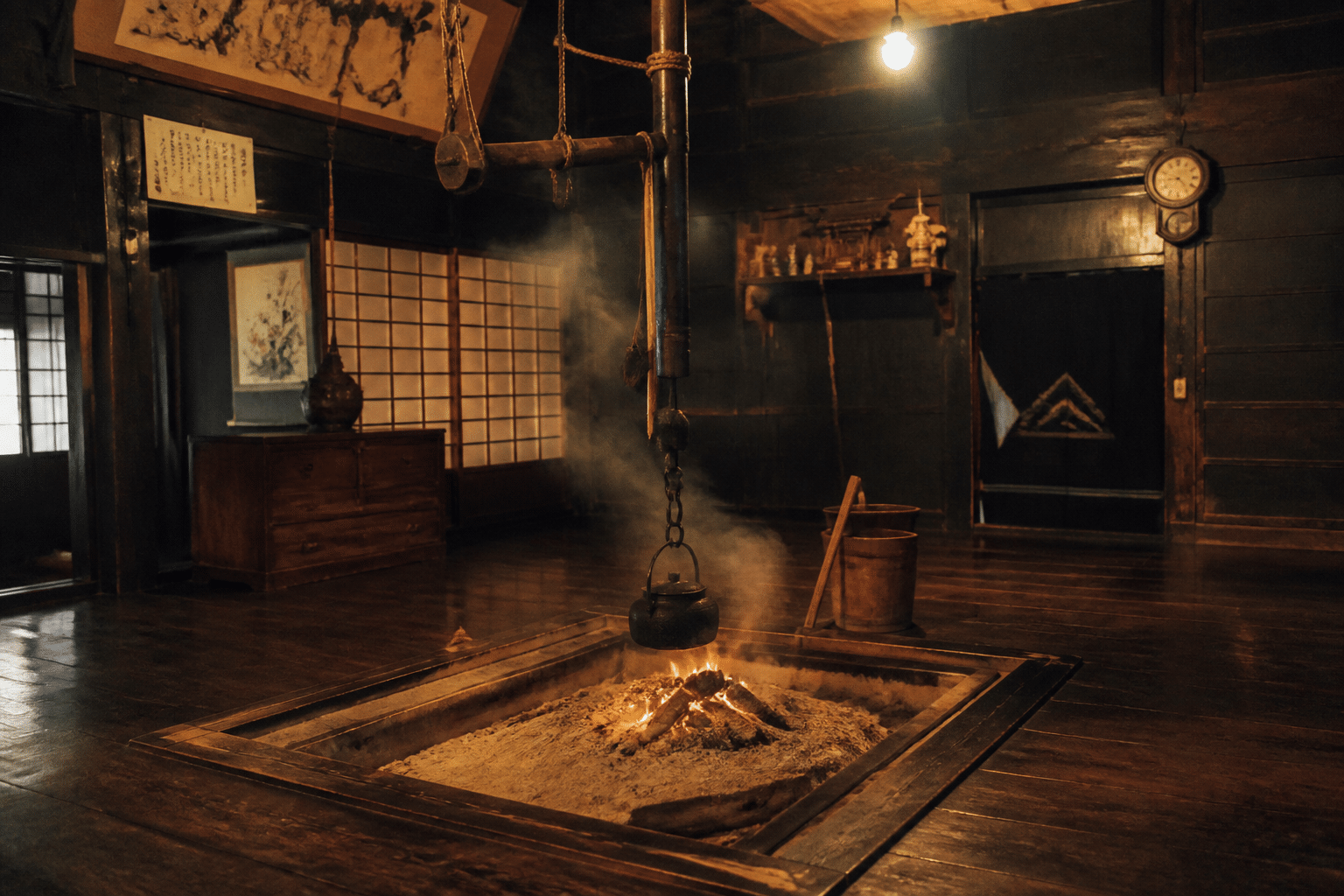 irori foyer central en bois dans un minshuku gassho-zukuri de Shirakawa-go avec braises et ustensiles suspendus