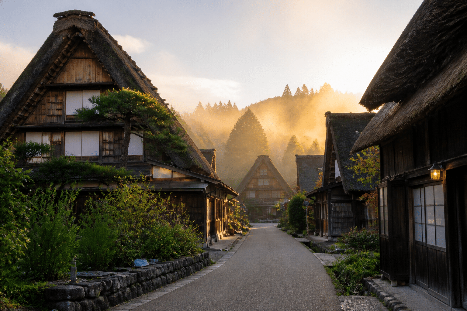 ruelle déserte de Shirakawa-go au lever du soleil brume matinale avant l'arrivée des touristes